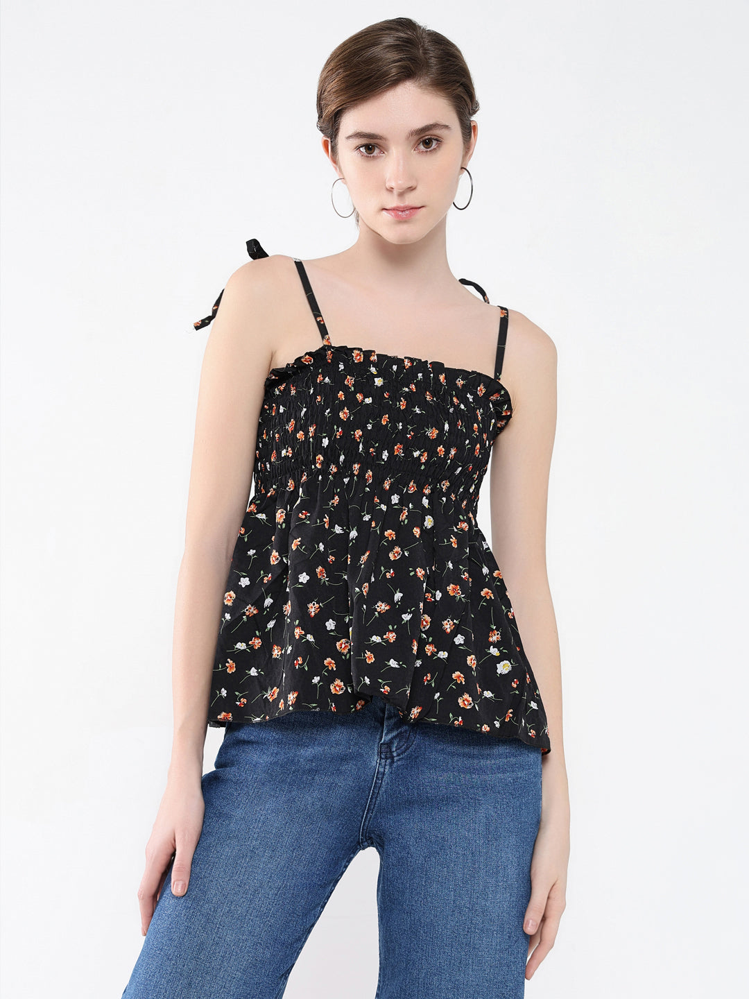 Women Floral Black Peplum Top