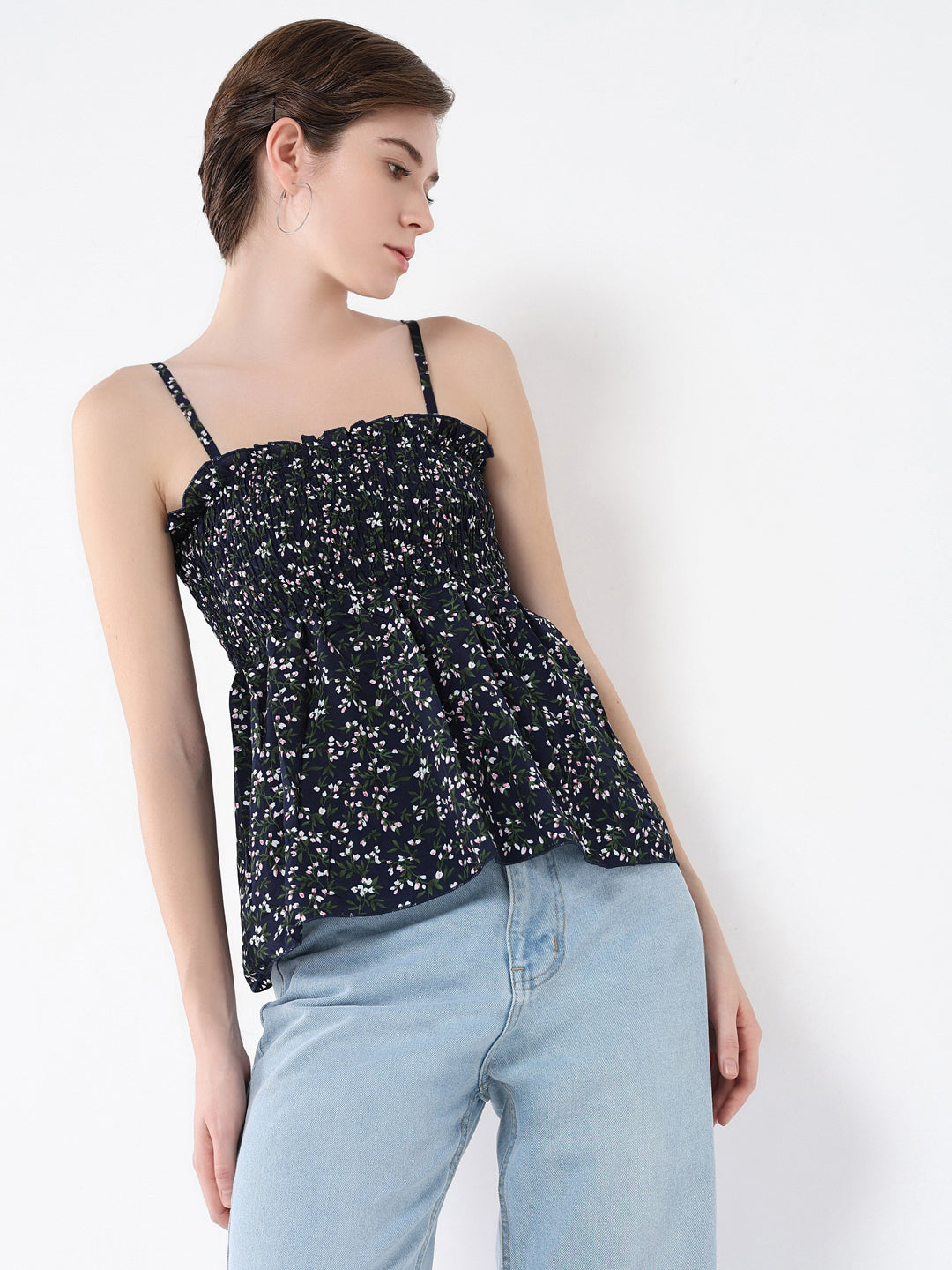 Women Floral Navy Blue Peplum Top