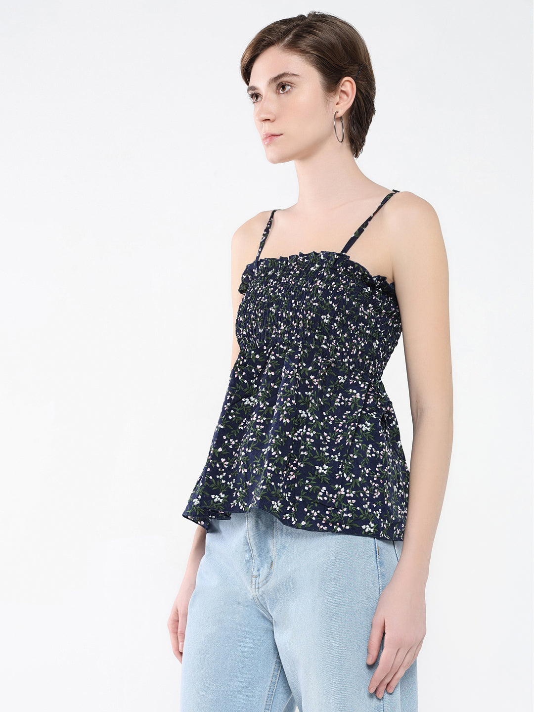 Women Floral Navy Blue Peplum Top