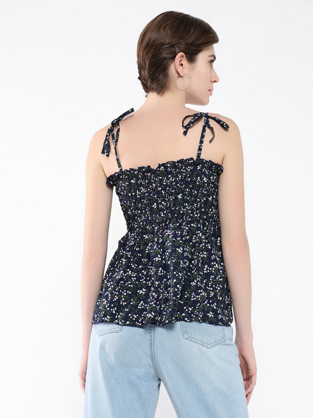 Women Floral Navy Blue Peplum Top