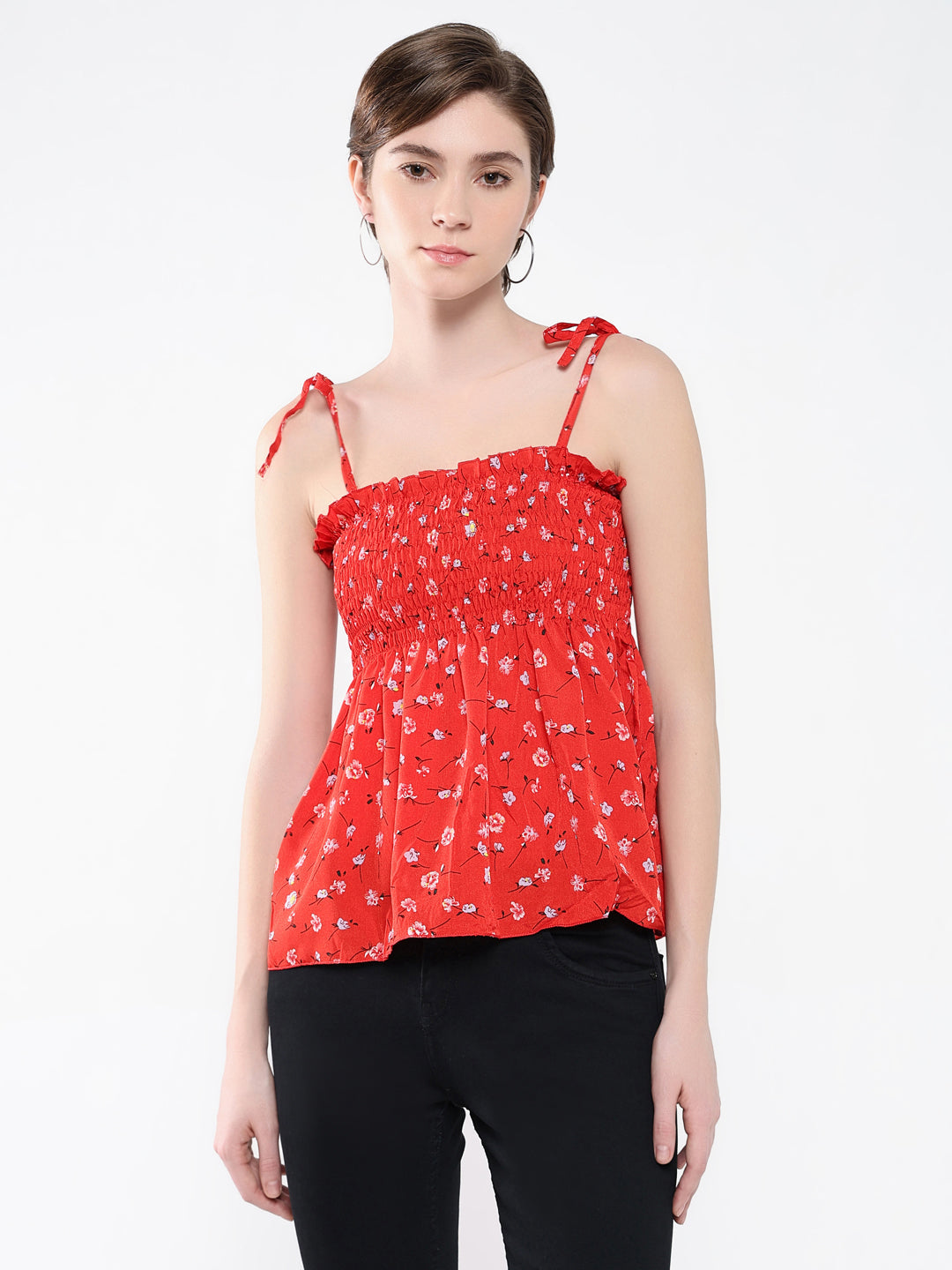 Women Floral Red Peplum Top