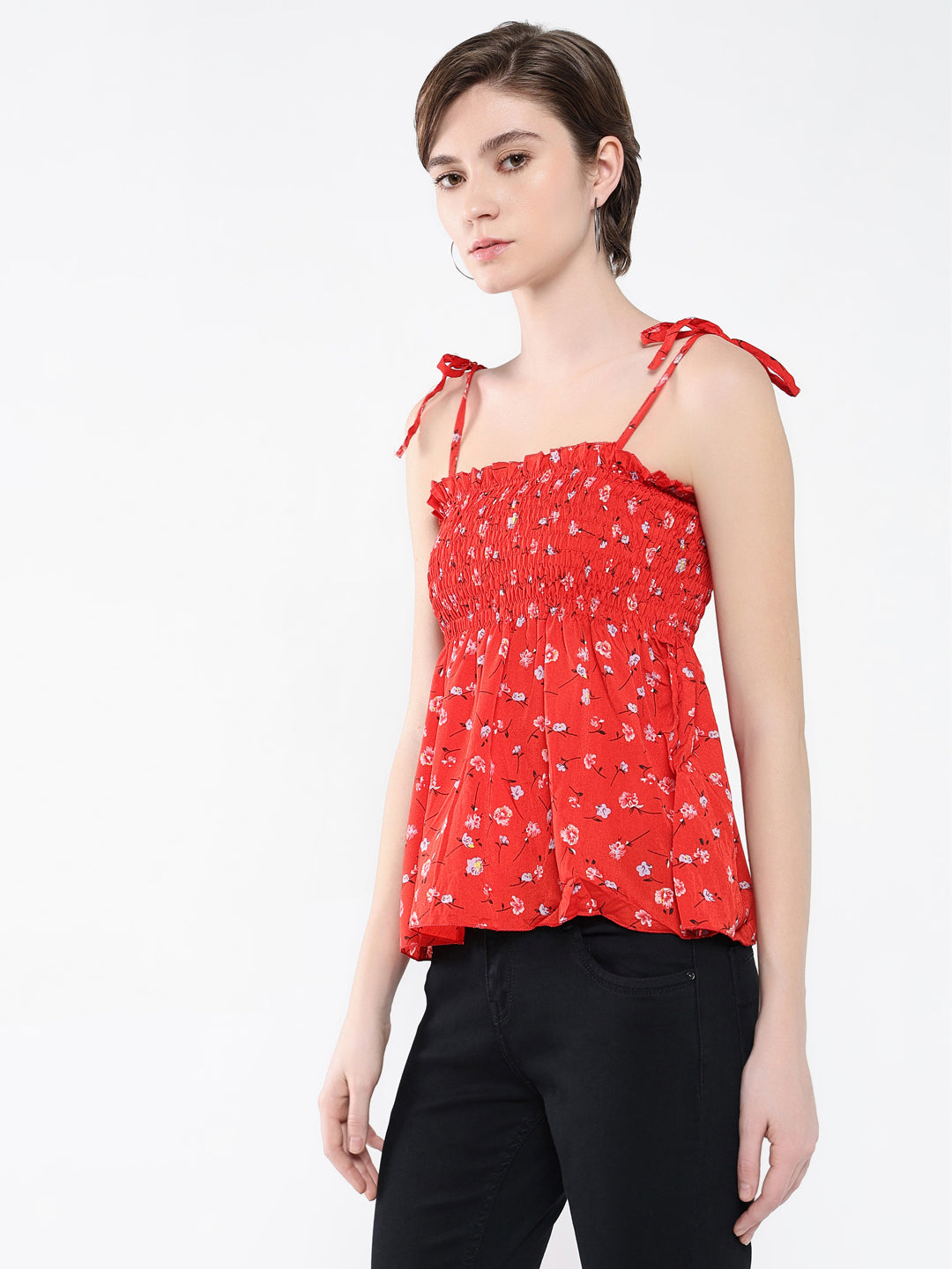 Women Floral Red Peplum Top