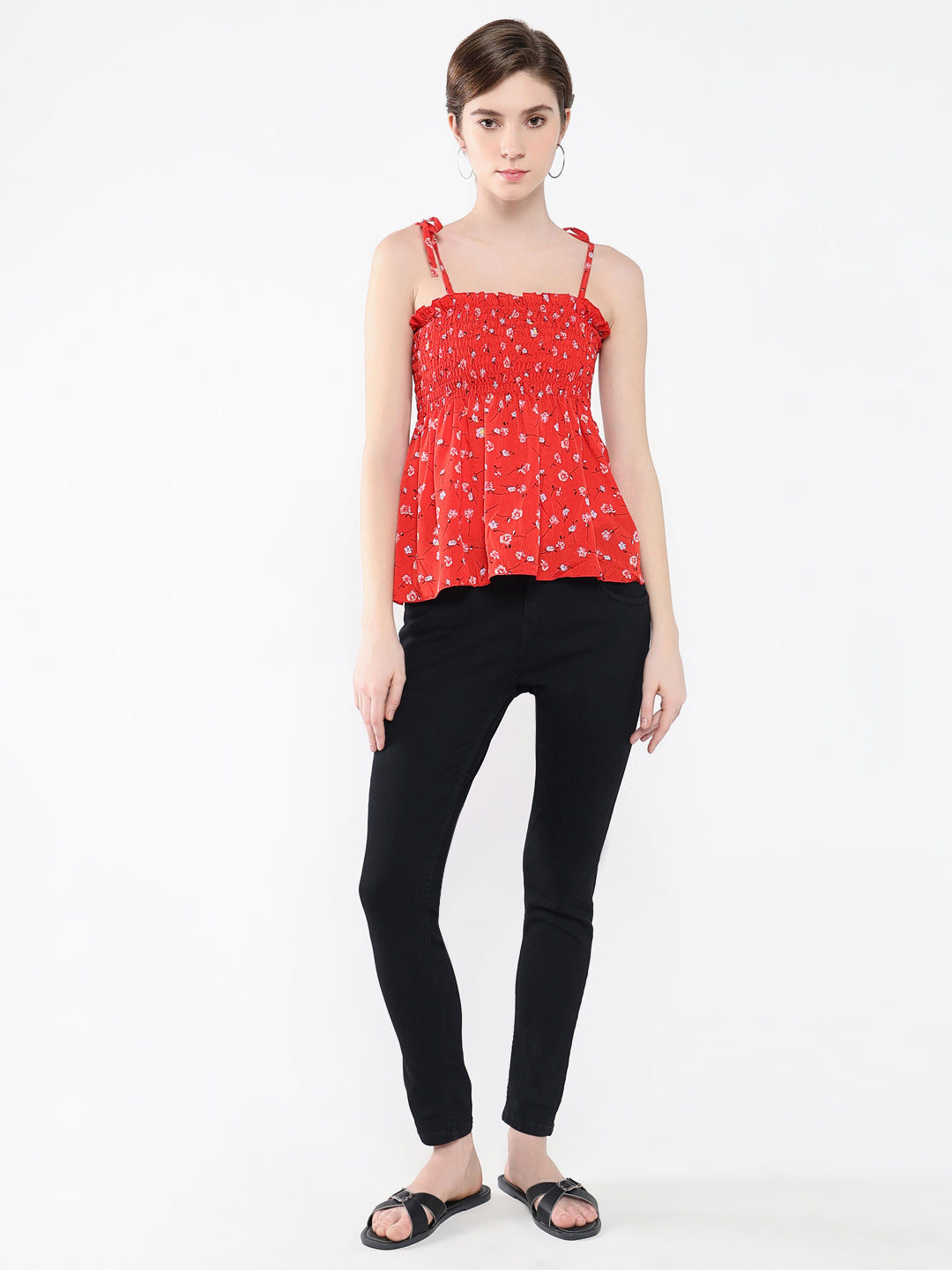 Women Floral Red Peplum Top