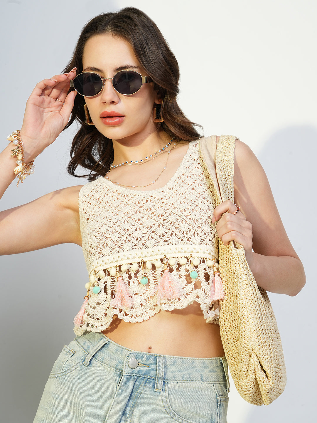 Women Beige Solid Crochet Crop Top