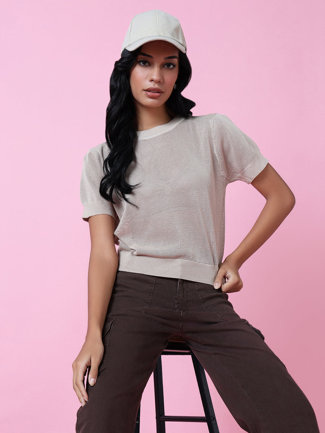 Women Beige Solid Sheer Top