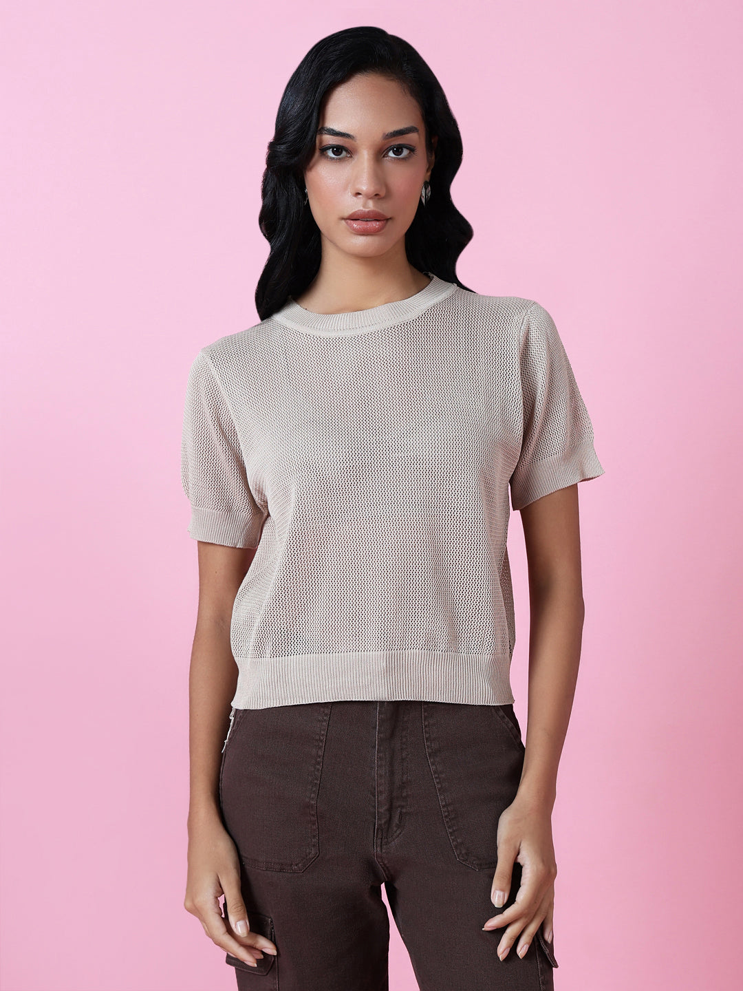 Women Beige Solid Sheer Top