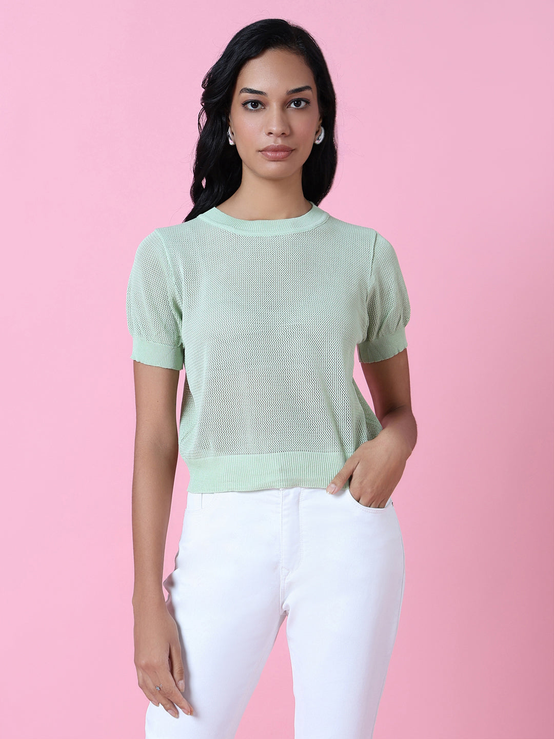 Women Green Solid Sheer Top