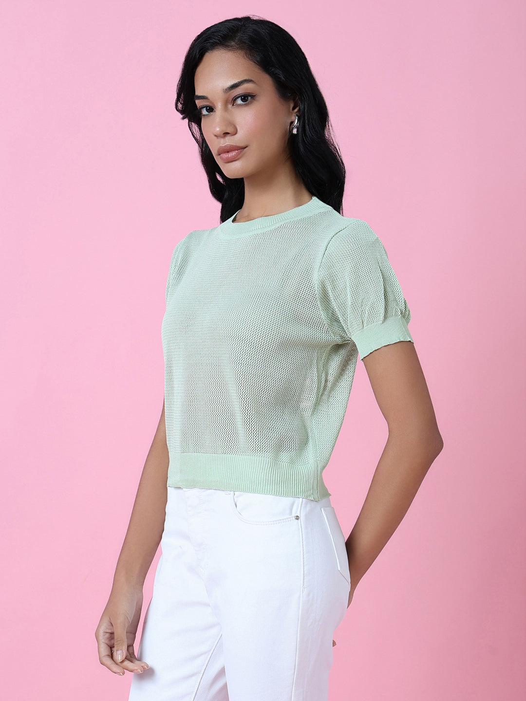 Women Green Solid Sheer Top