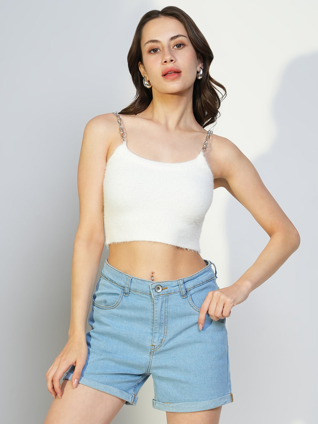 Women White Solid Crop Top