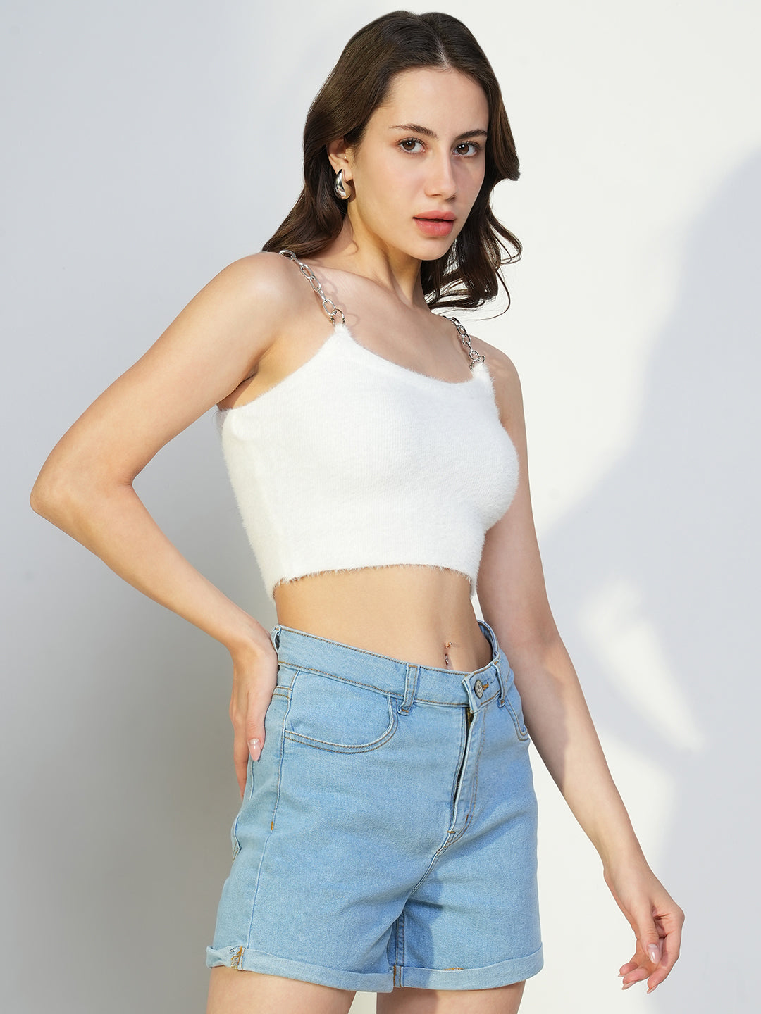 Women White Solid Crop Top