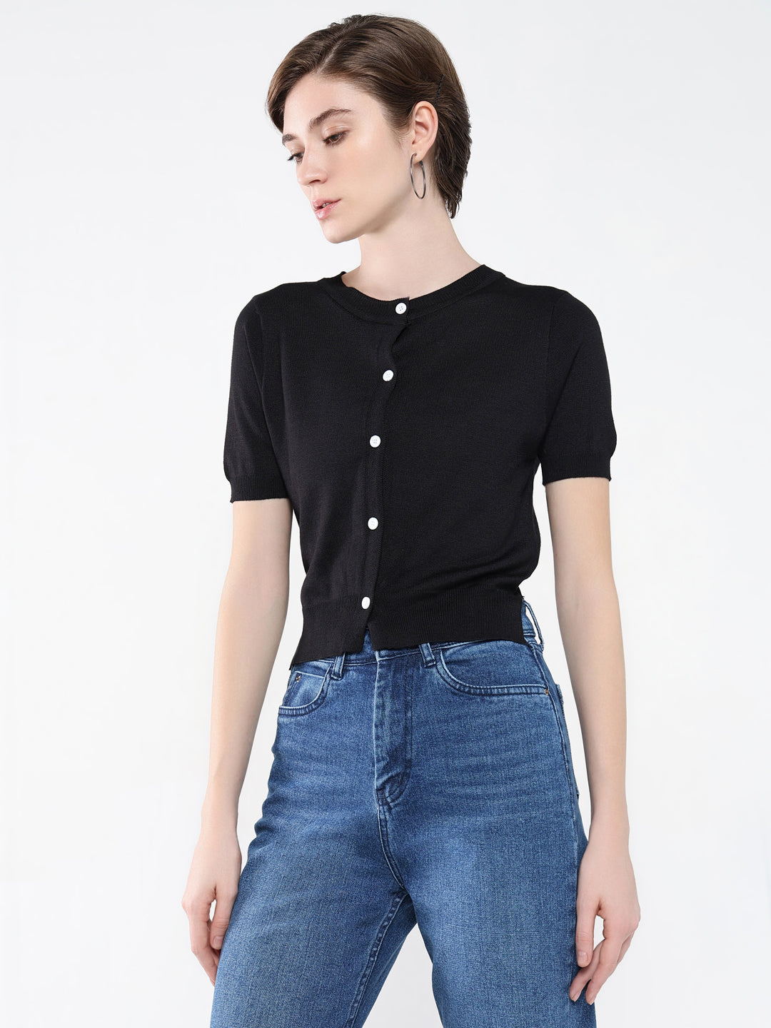 Women Black Solid Styled Back Top