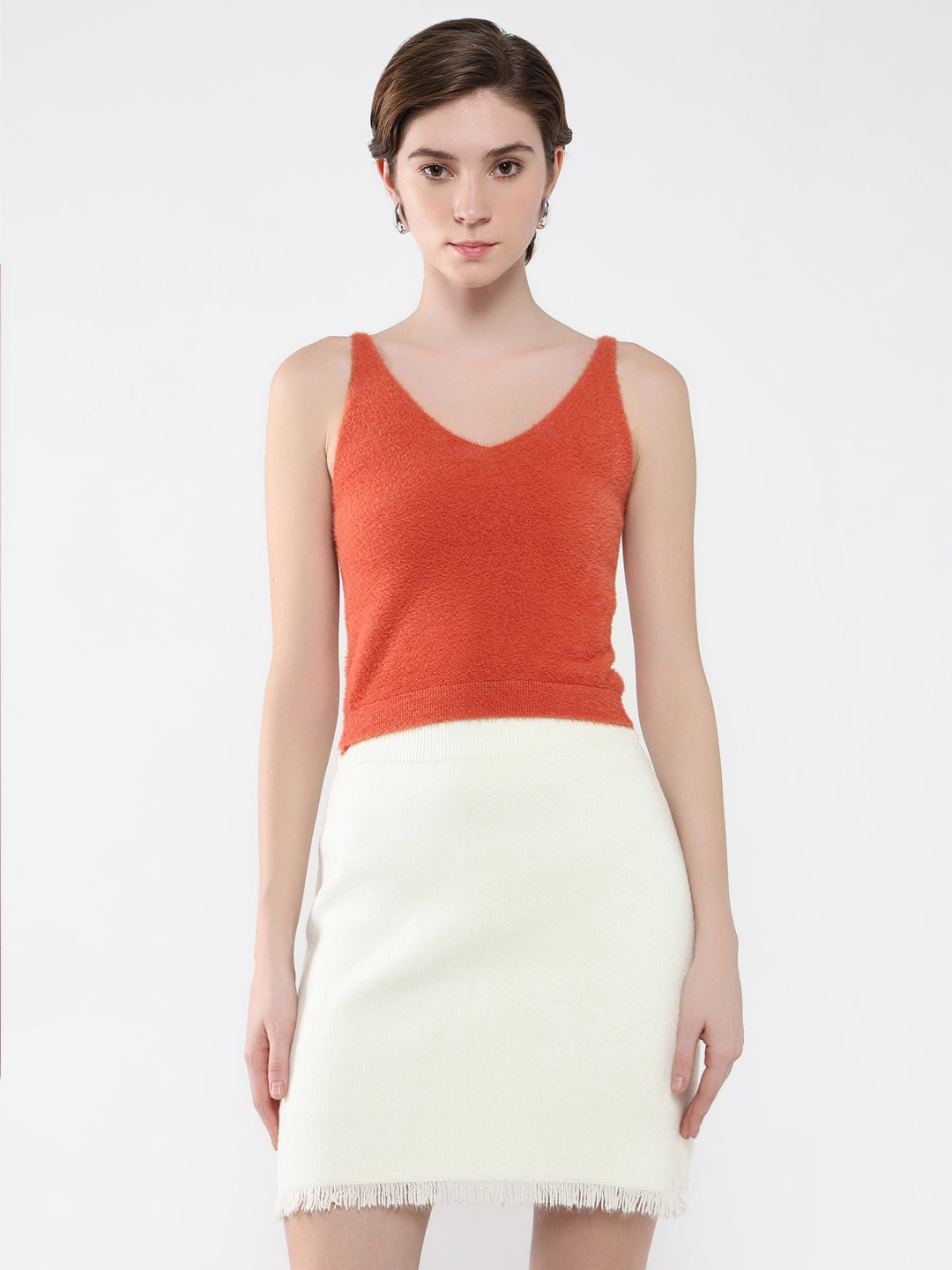 Women Solid Coral Fitted Top