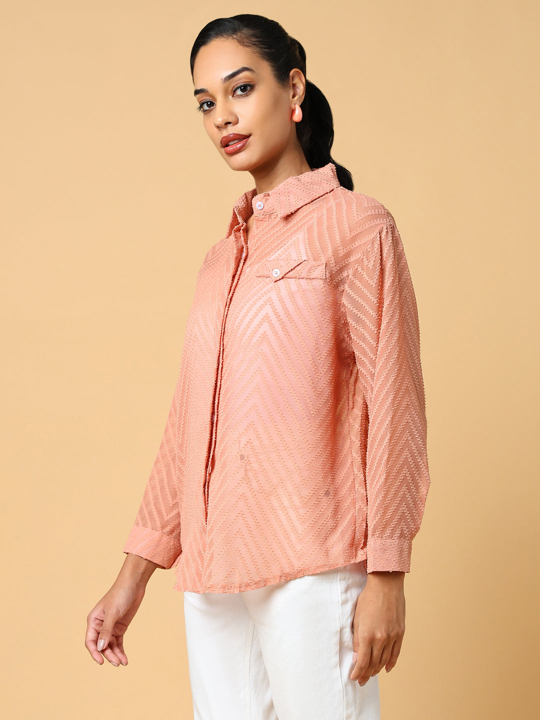 Women Peach Checked Shirt