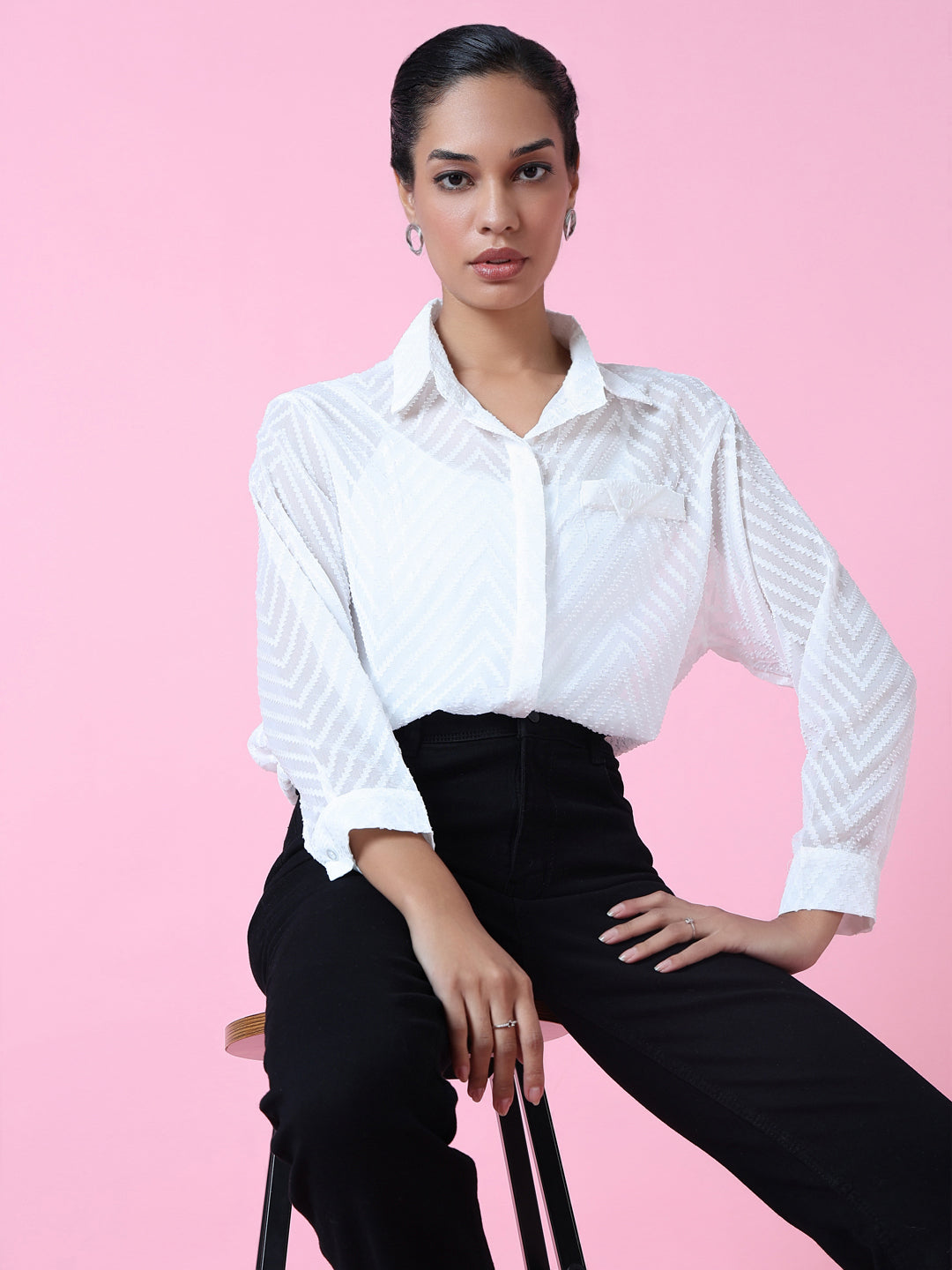 Women White Chevron Slim Fit Shirt