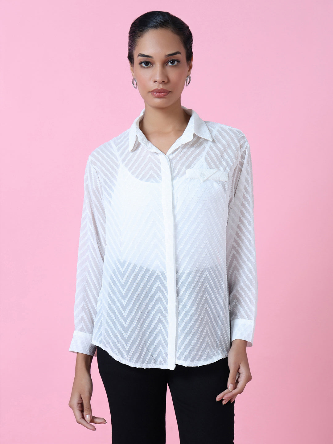 Women White Chevron Slim Fit Shirt