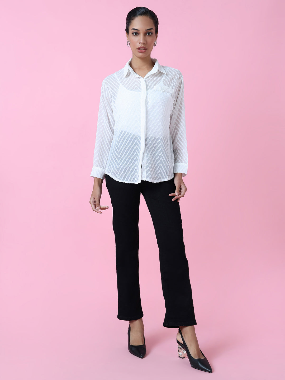 Women White Chevron Slim Fit Shirt