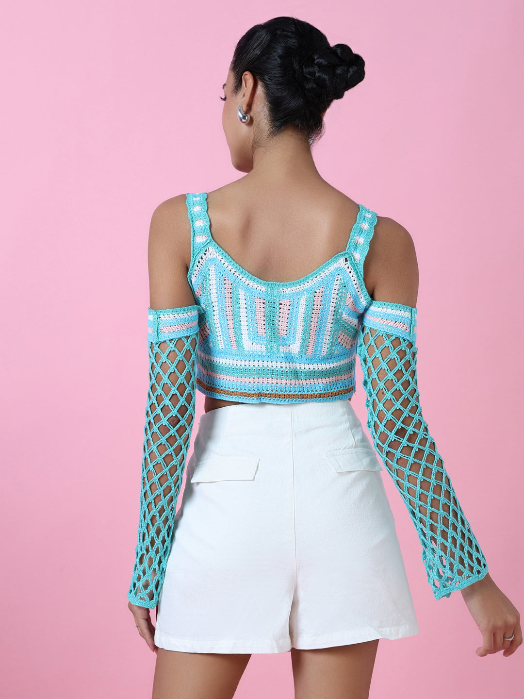 Women Blue Solid Crochet Crop Top