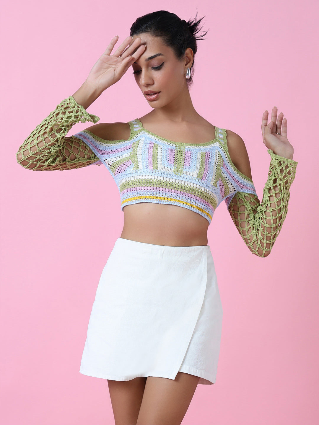 Women Green Solid Crochet Crop Top