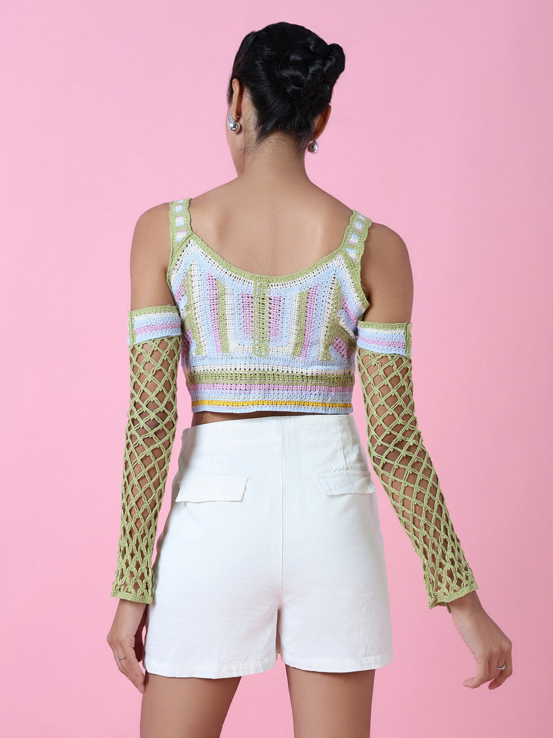 Women Green Solid Crochet Crop Top