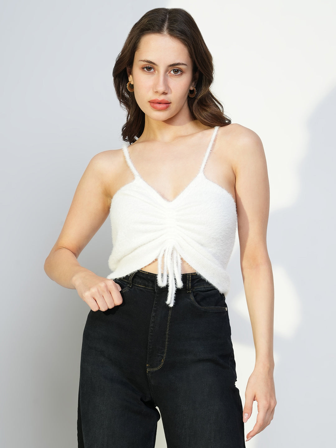 Women White Solid Ruched Crop Top