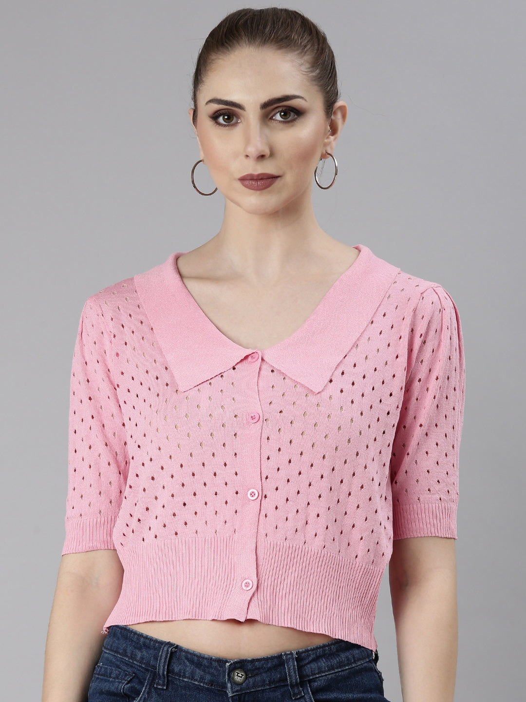 Women Pink Self Design Regular Crop Top