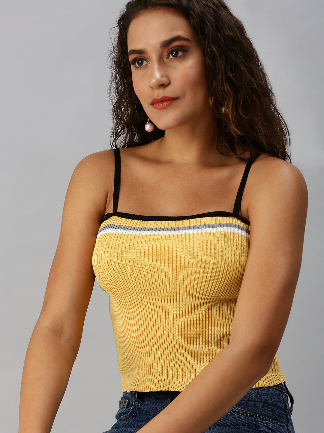 Women Shoulder Straps Solid Yellow Fitted Top