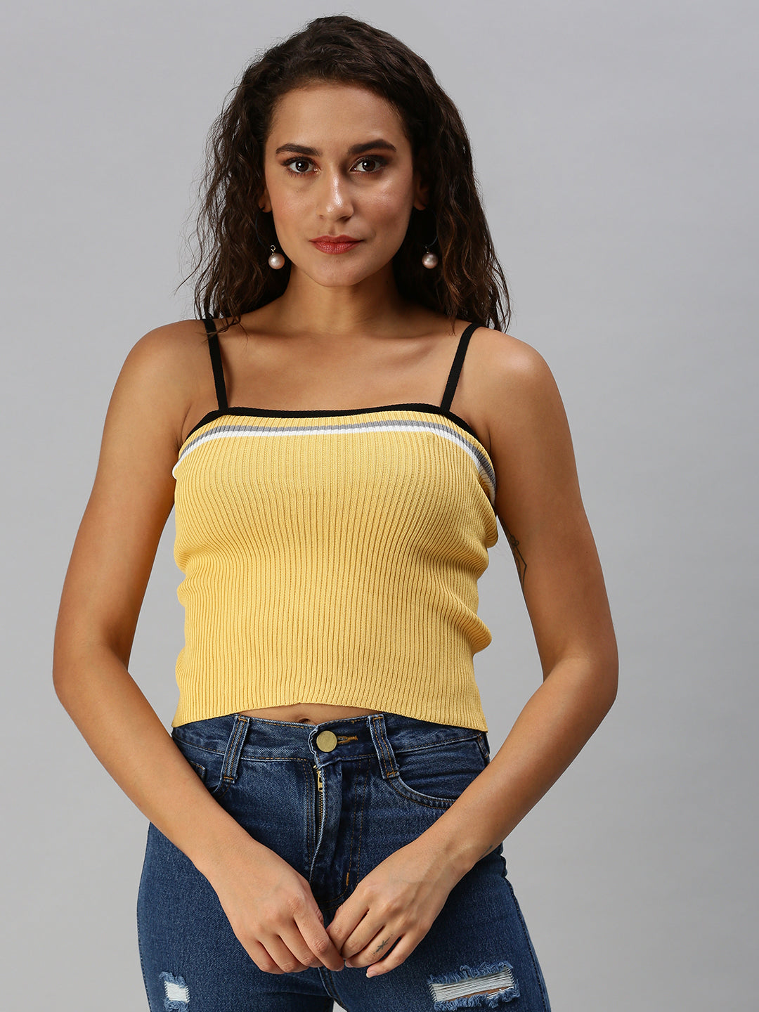 Women Shoulder Straps Solid Yellow Fitted Top