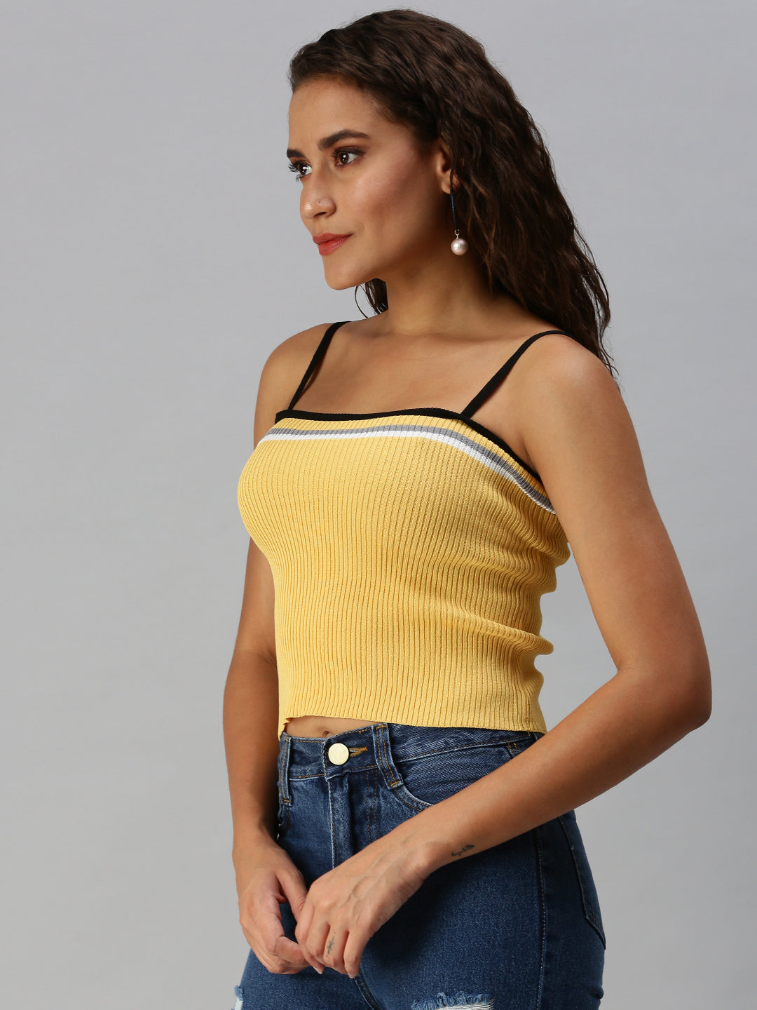 Women Shoulder Straps Solid Yellow Fitted Top