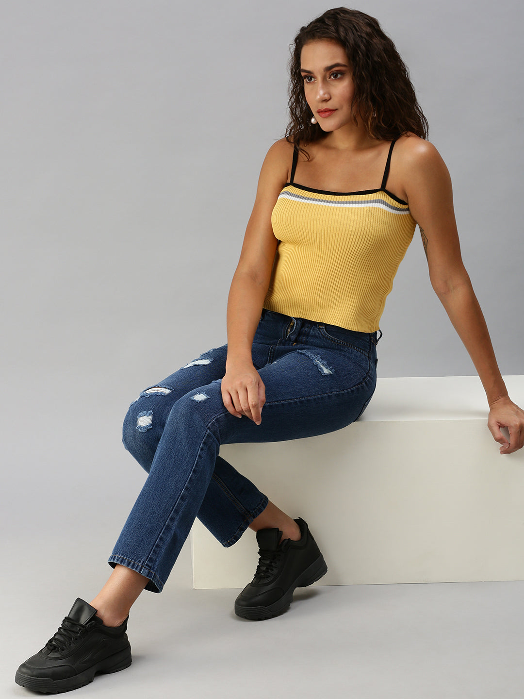 Women Shoulder Straps Solid Yellow Fitted Top