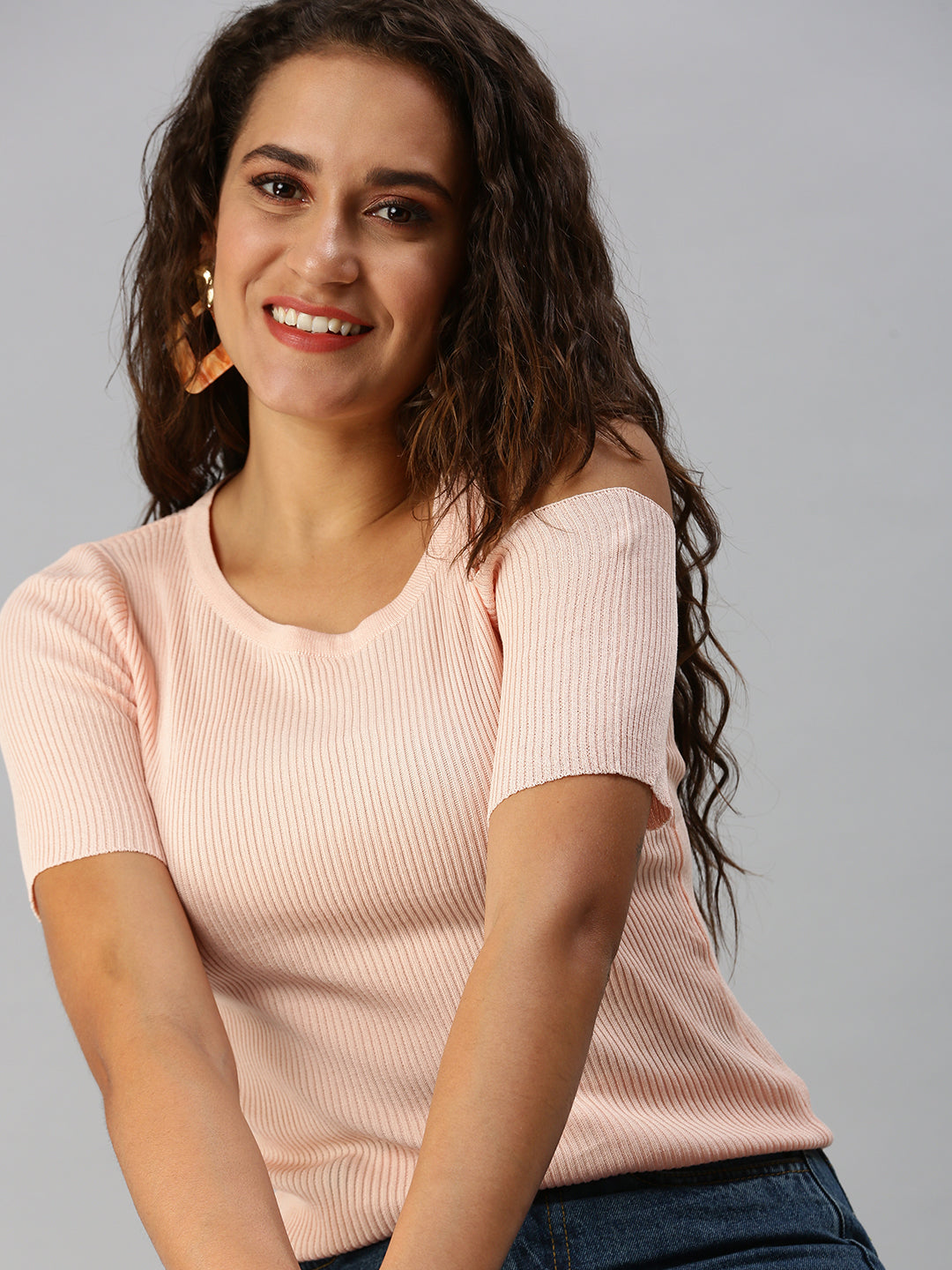 Women Solid Peach Fitted Top
