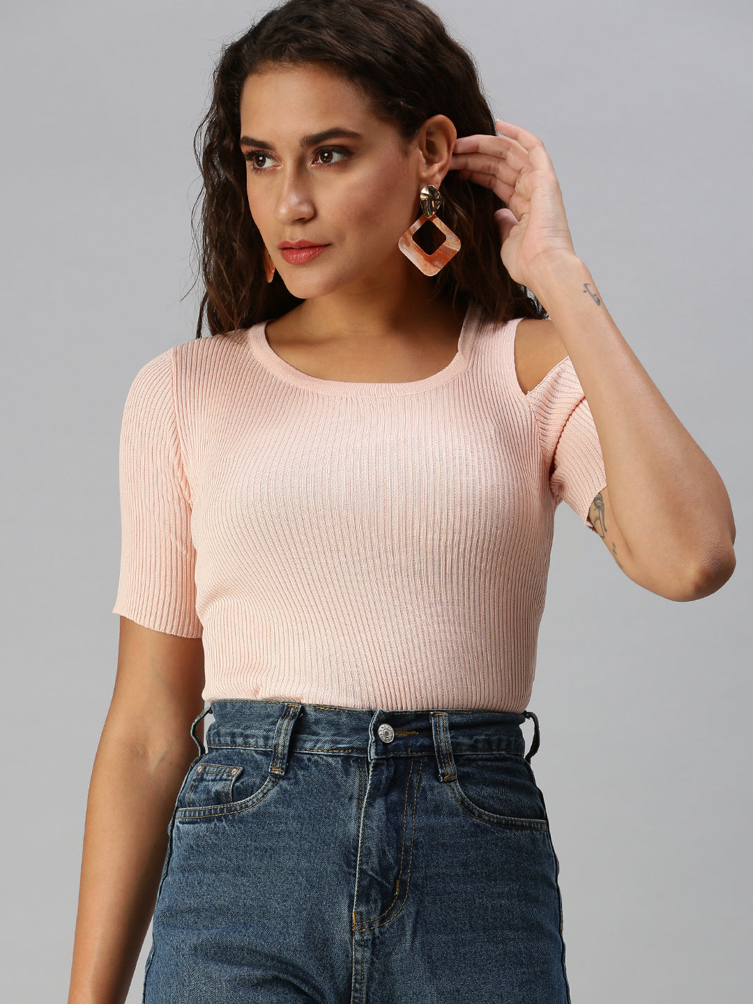 Women Solid Peach Fitted Top