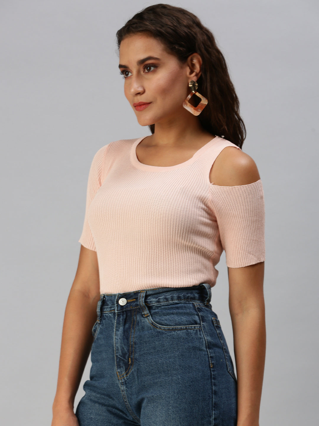 Women Solid Peach Fitted Top