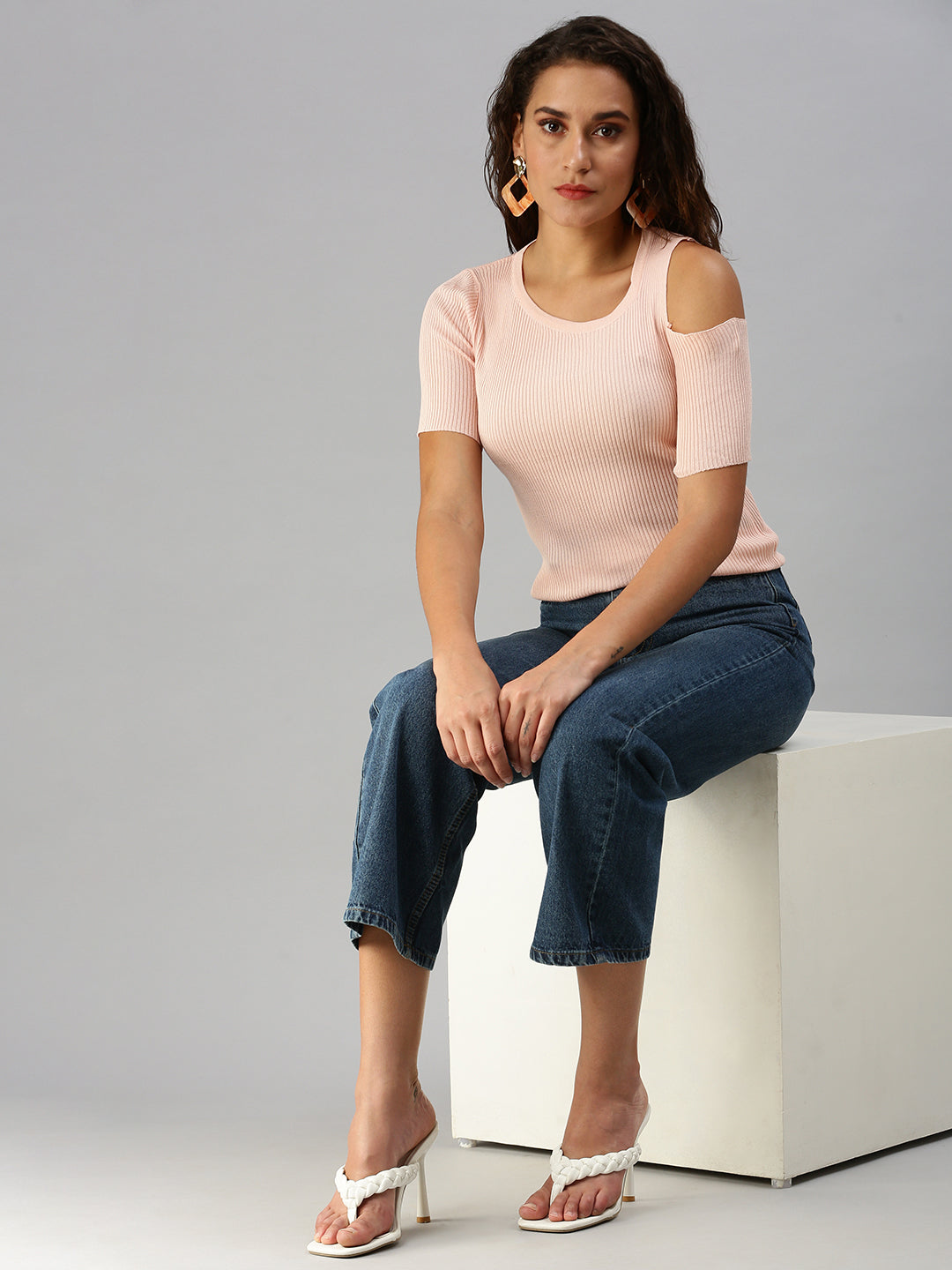 Women Solid Peach Fitted Top