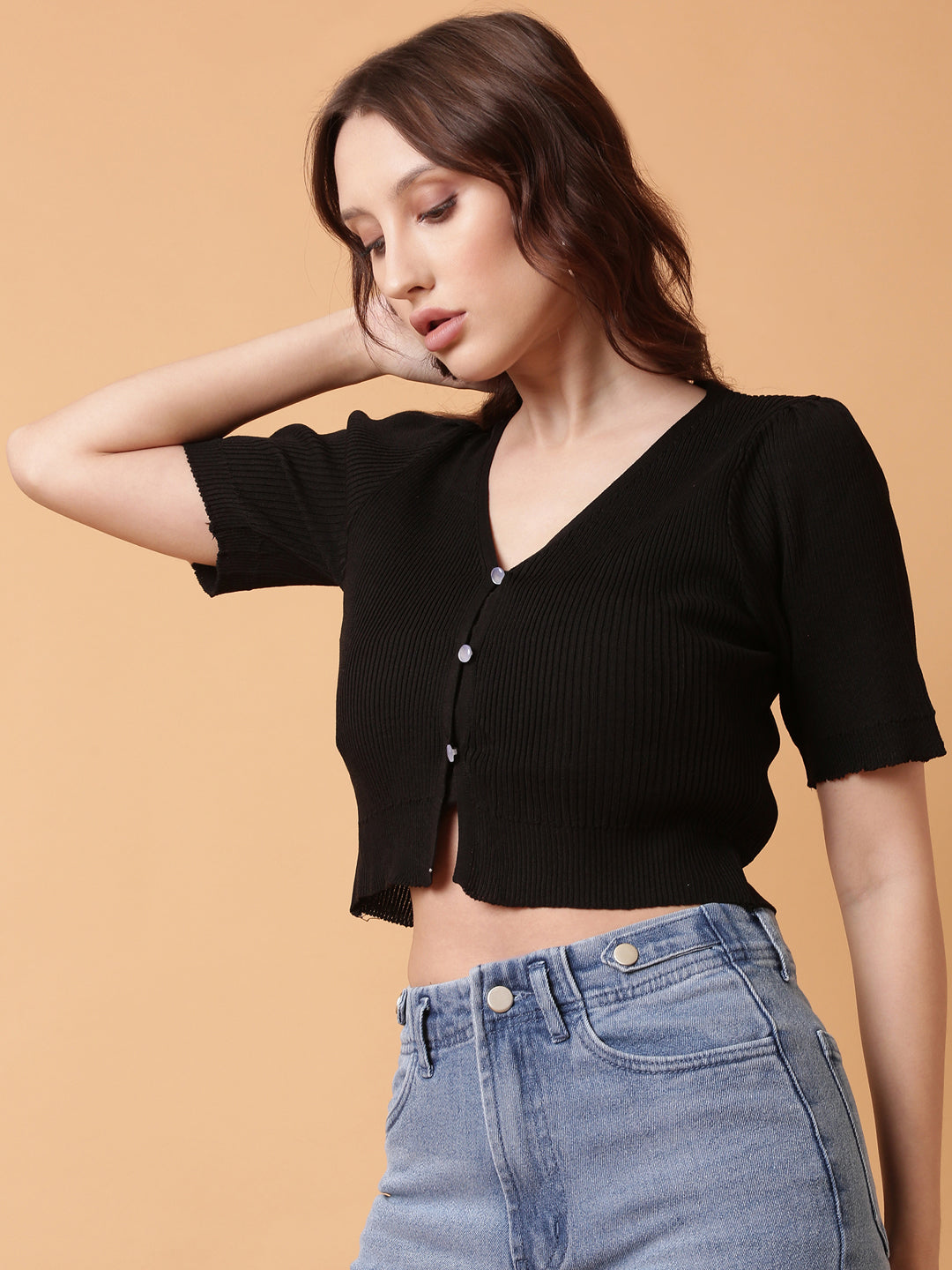 Women Black Solid Crop Shrug