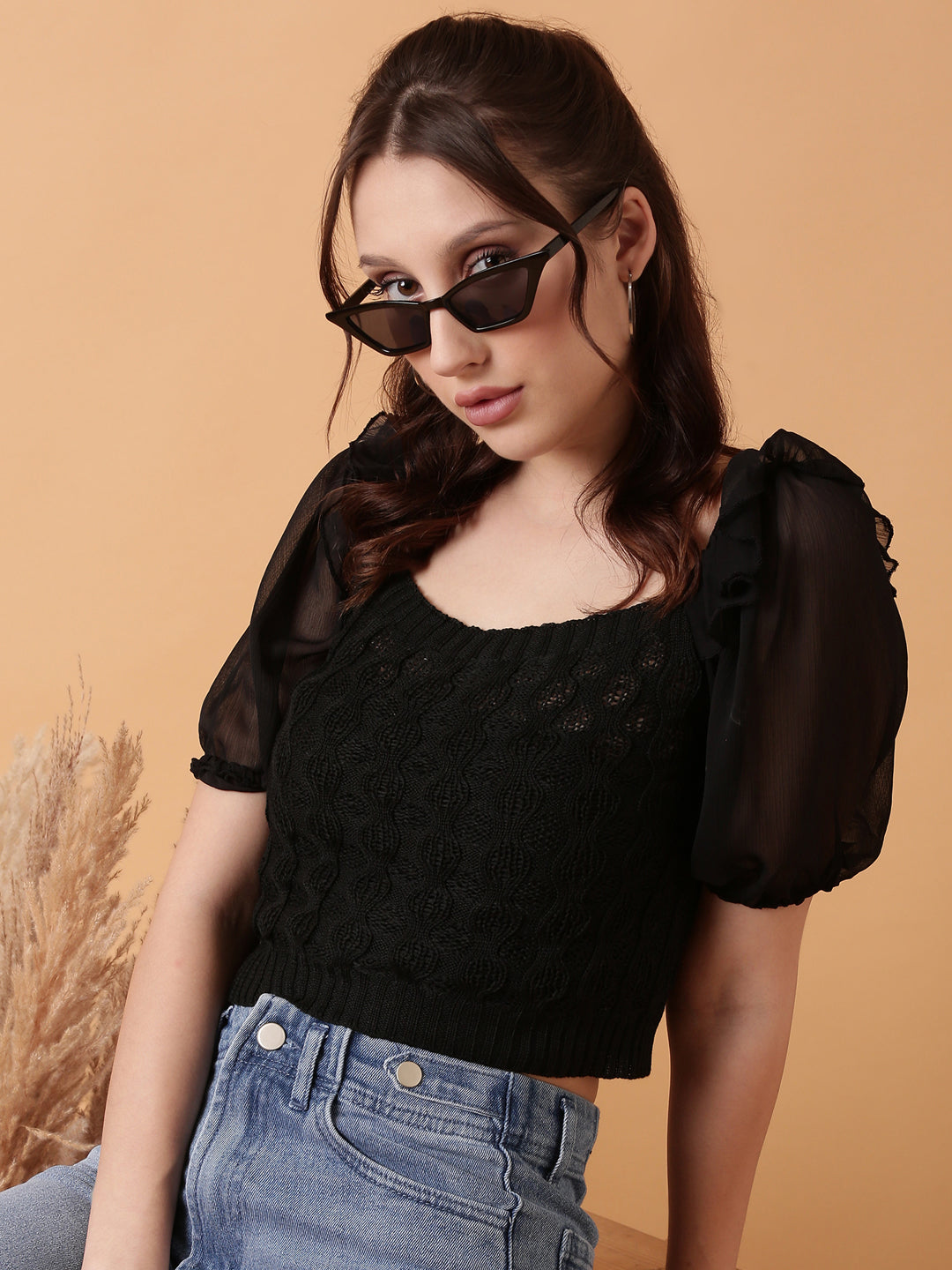 Women Black Solid Crochet Crop Top