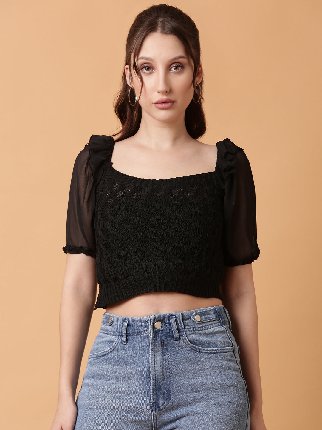 Women Black Solid Crochet Crop Top