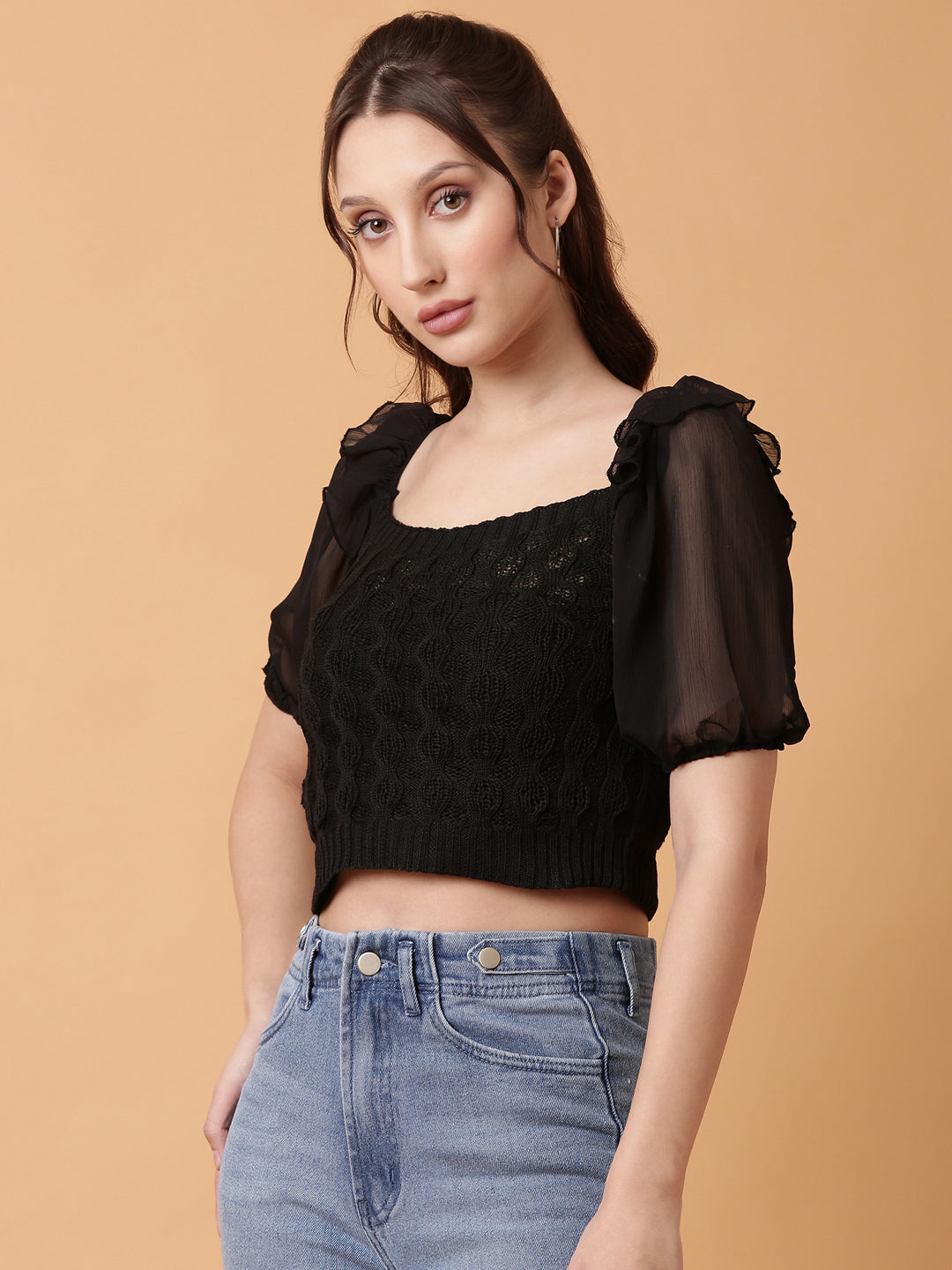 Women Black Solid Crochet Crop Top