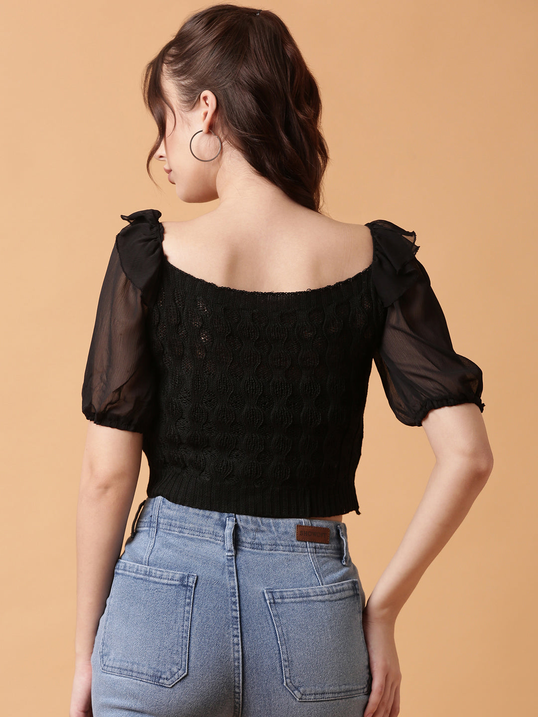 Women Black Solid Crochet Crop Top