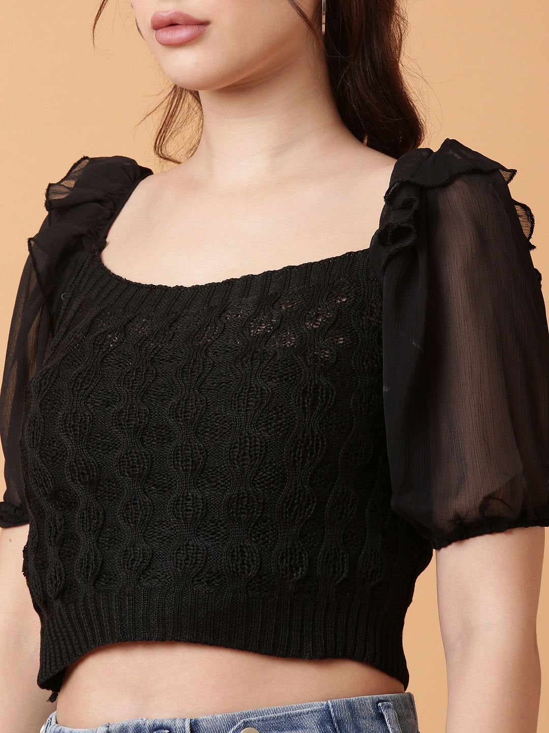 Women Black Solid Crochet Crop Top