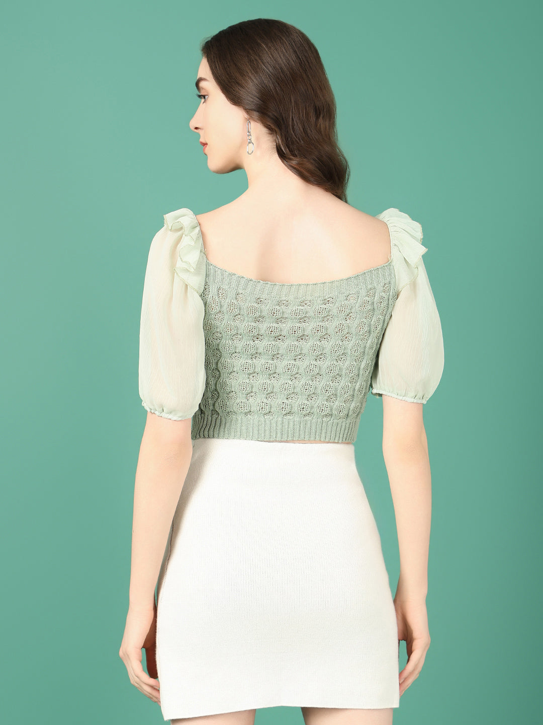 Women Sea Green Solid Crochet Crop Top