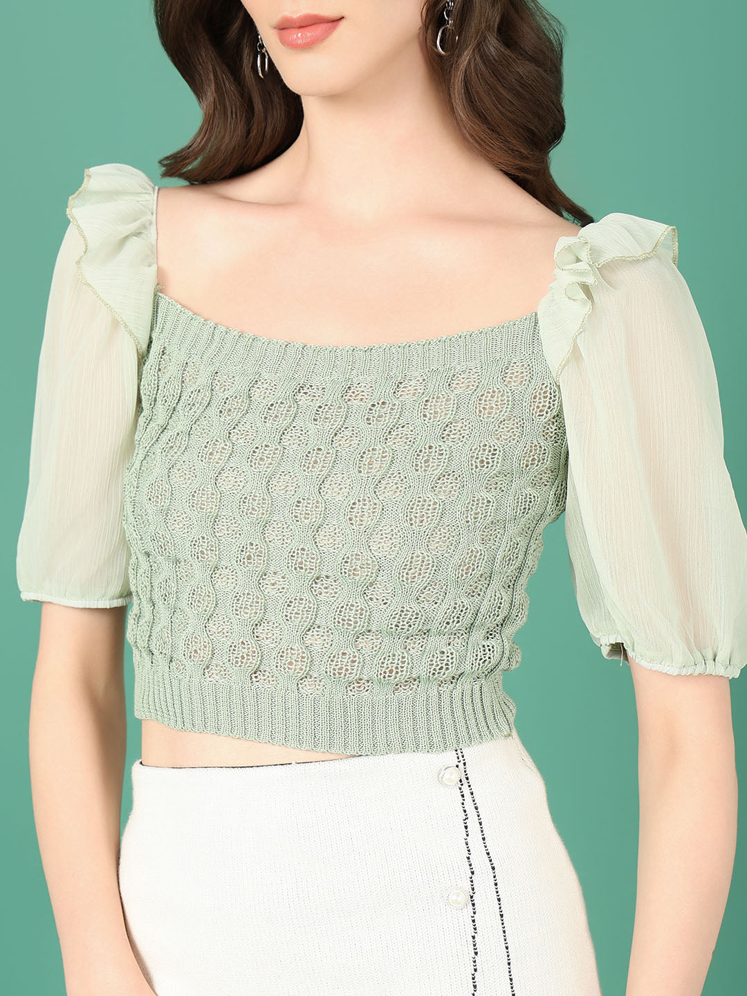 Women Sea Green Solid Crochet Crop Top