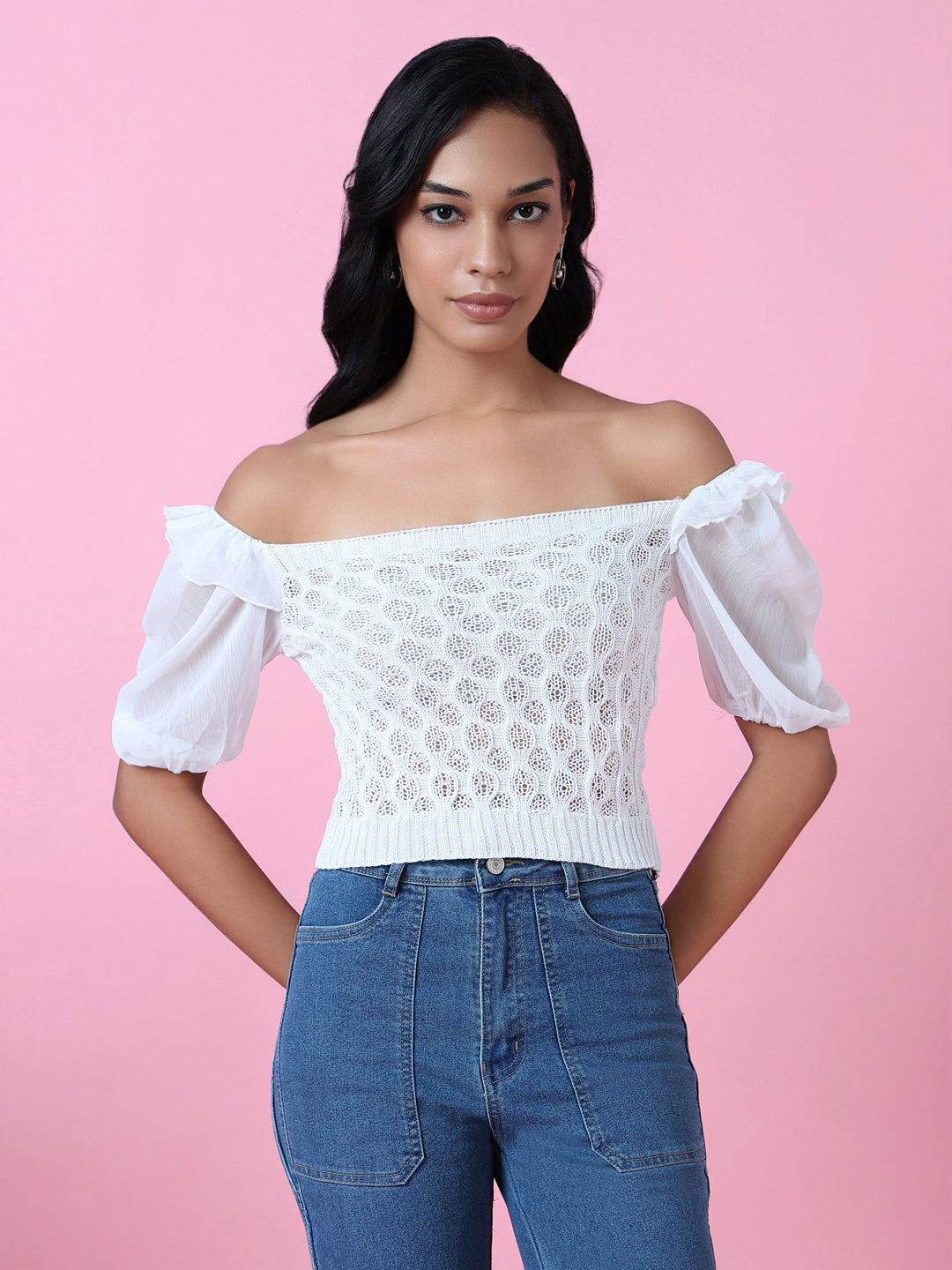 Women White Solid Crochet Crop Top