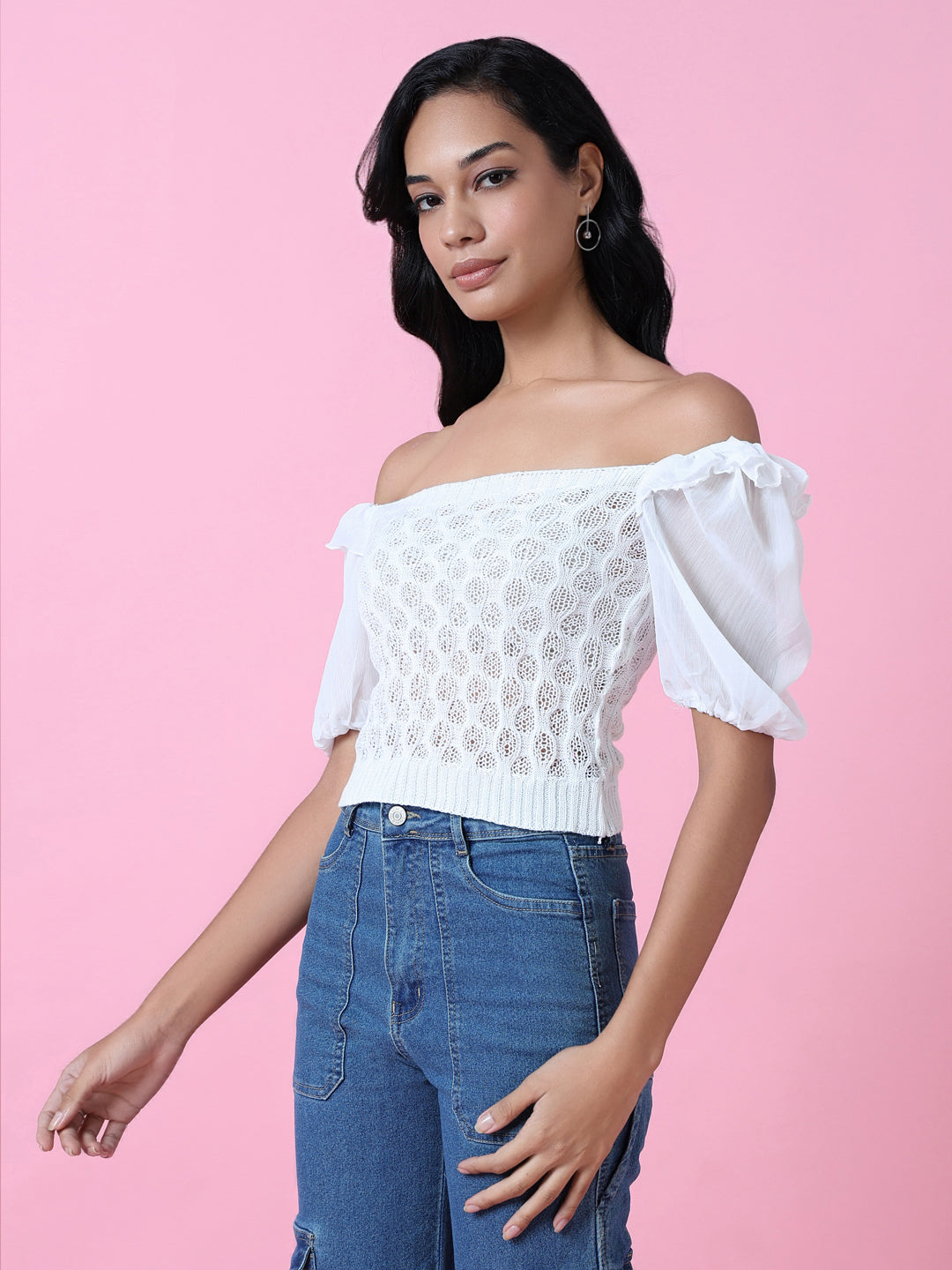 Women White Solid Crochet Crop Top