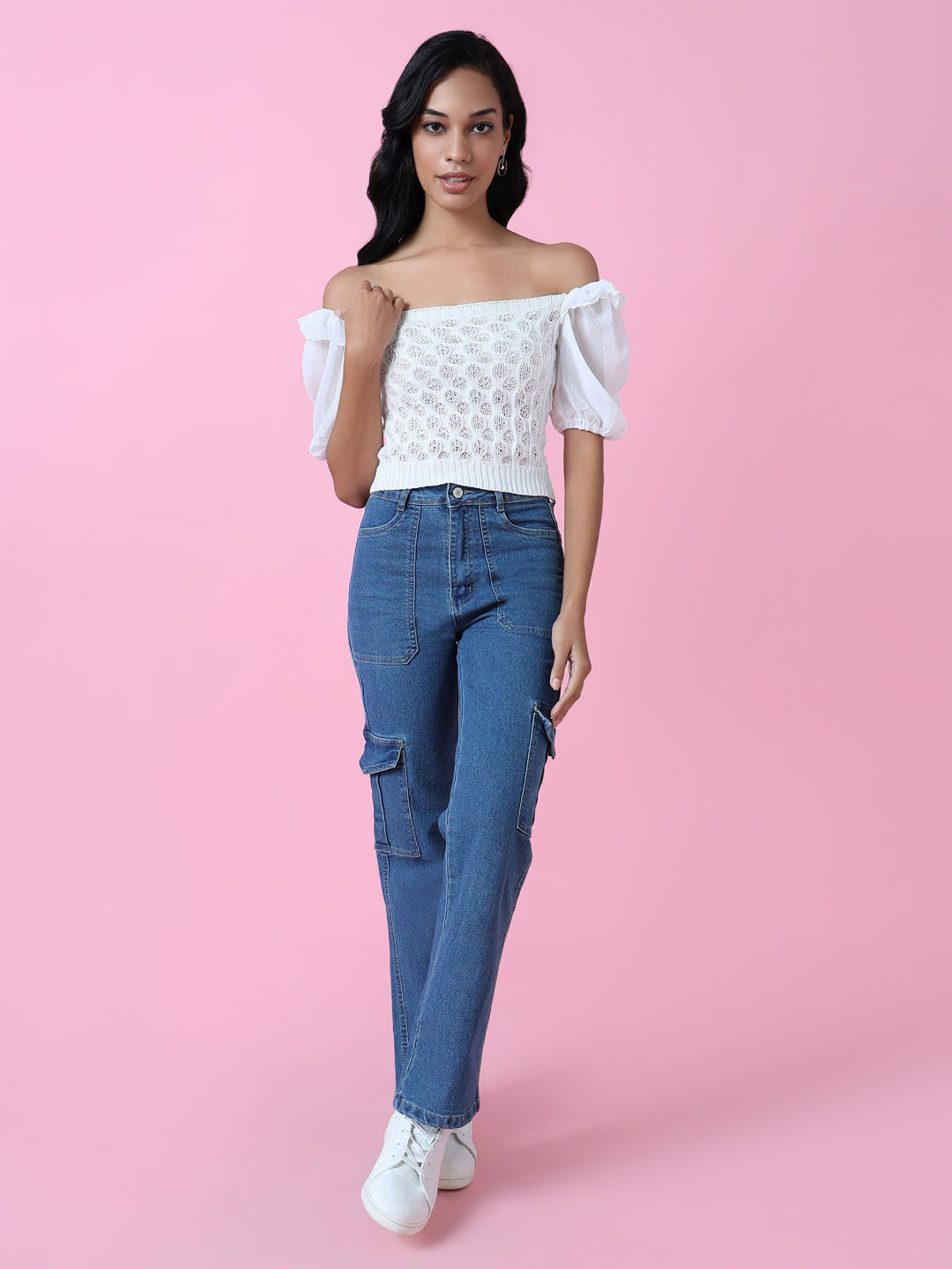 Women White Solid Crochet Crop Top