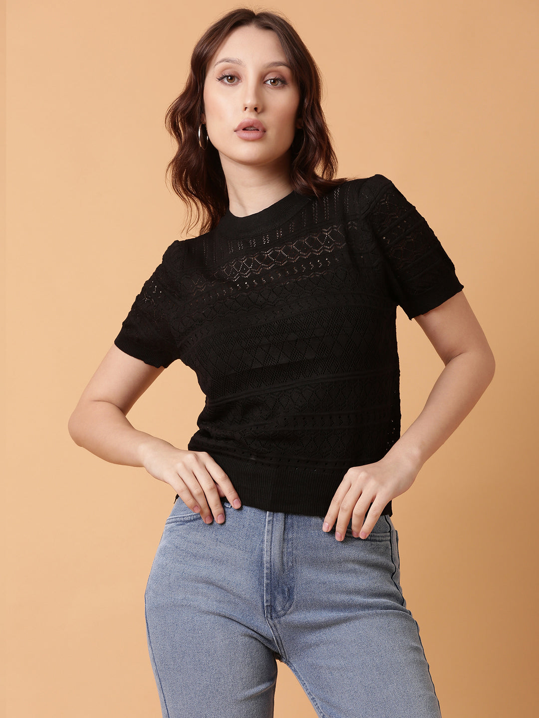 Women Black Solid Crochet Top