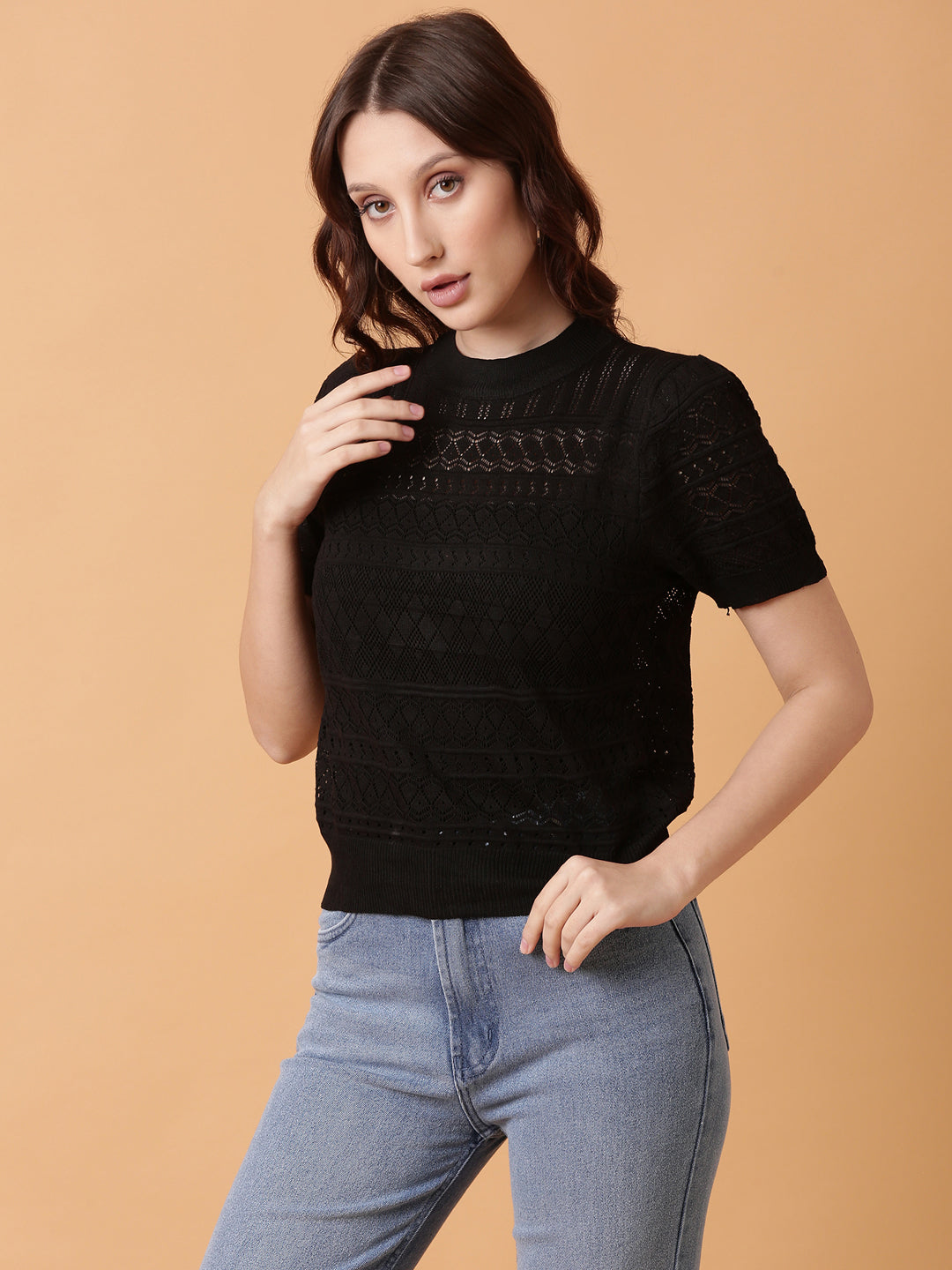 Women Black Solid Crochet Top