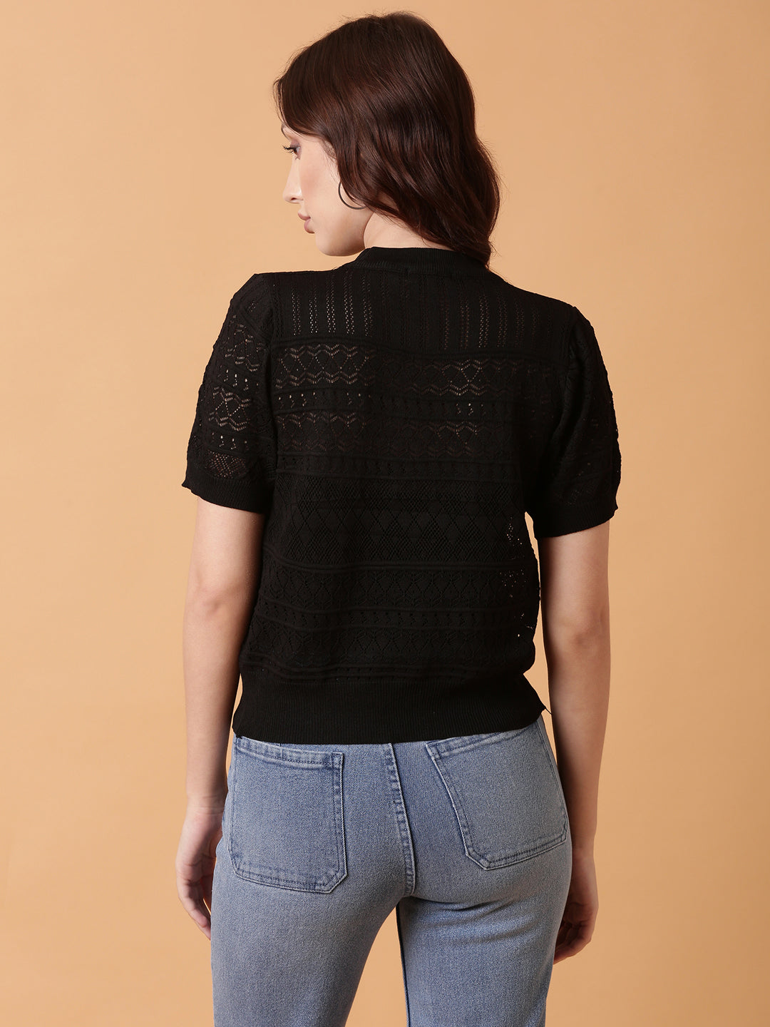 Women Black Solid Crochet Top