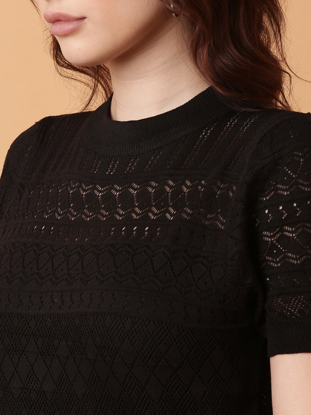 Women Black Solid Crochet Top