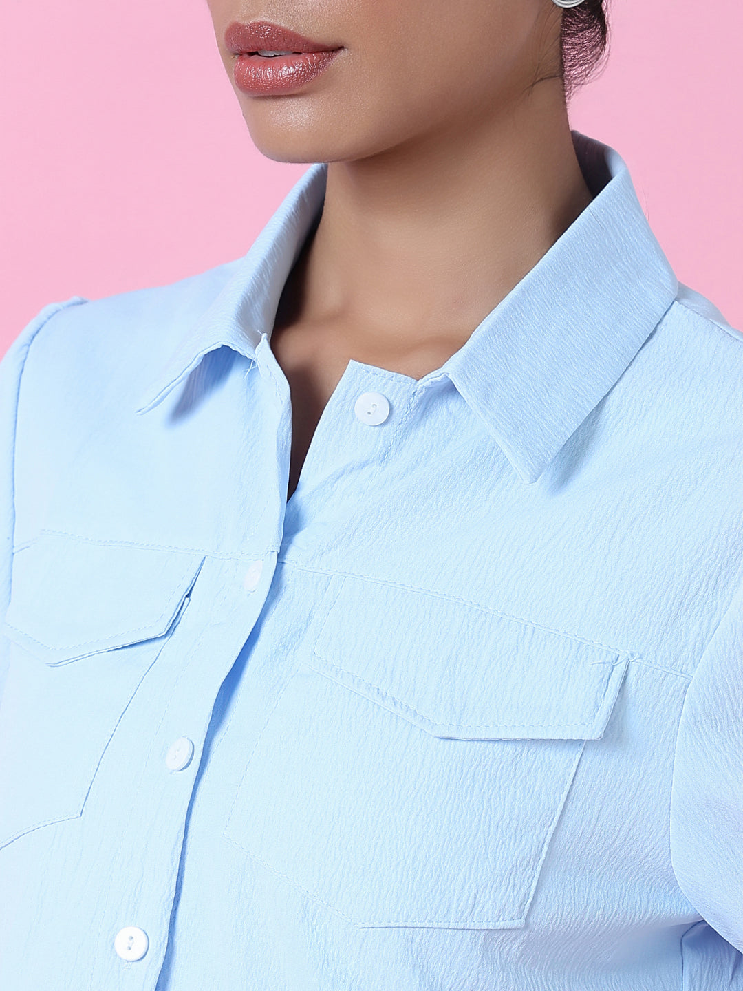 Women Blue Solid Slim Fit Shirt