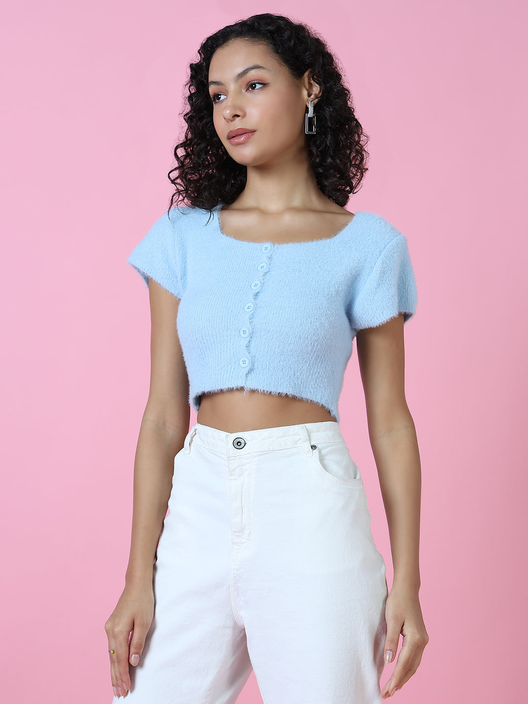 Women Blue Solid Crop Top